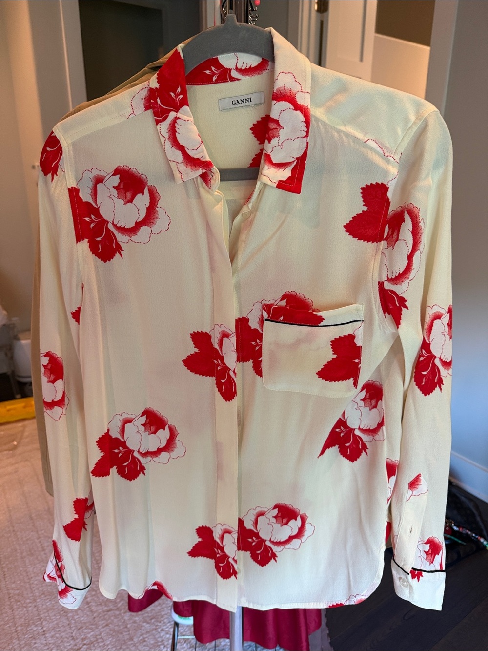 Ganni Cream Button-Down Shirt with Red Floral Print